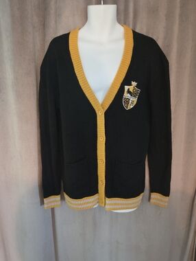 Harry Potter Size Large Black Cardigan with Mustard Trim and Crest Patch